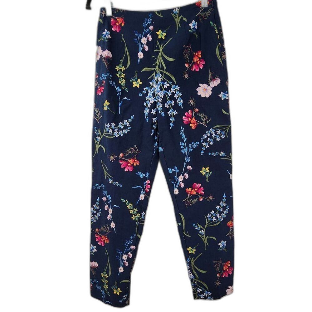 NWT TIME AND TRU Floral Stretch Pants Womens Size 10 Navy Blue High-Rise